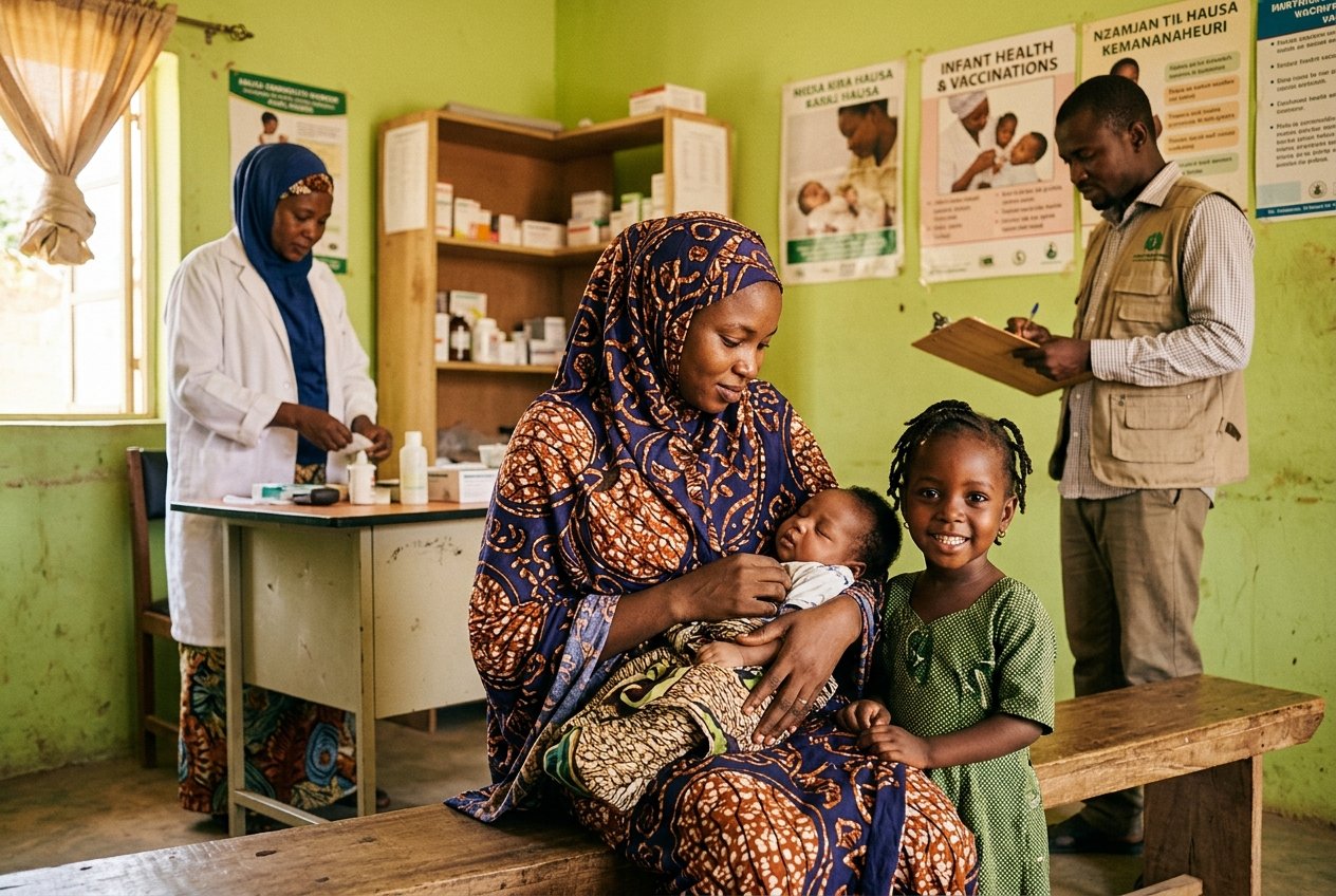 Mother and children at a primary healthcare clinic during baseline survey in Kano