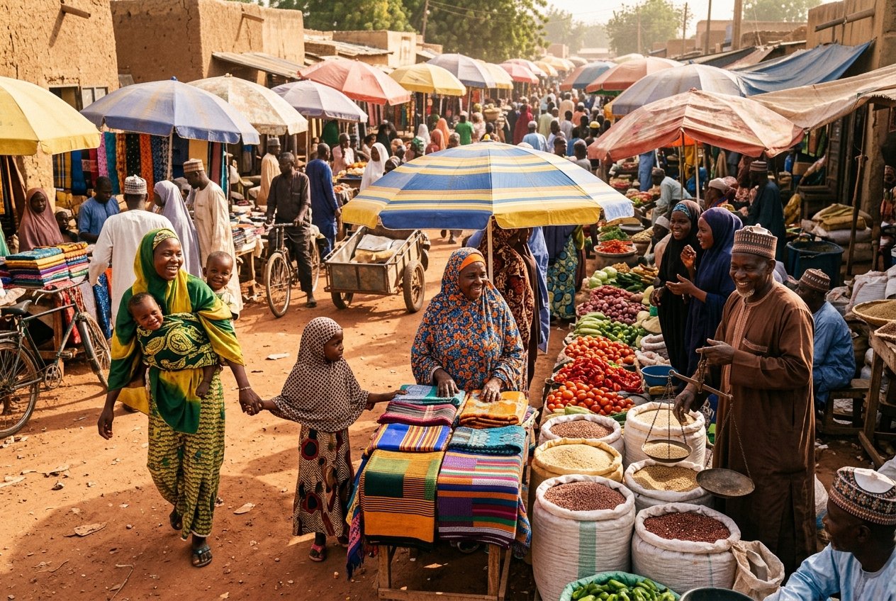 Local traders, mothers and children at a Kano community market