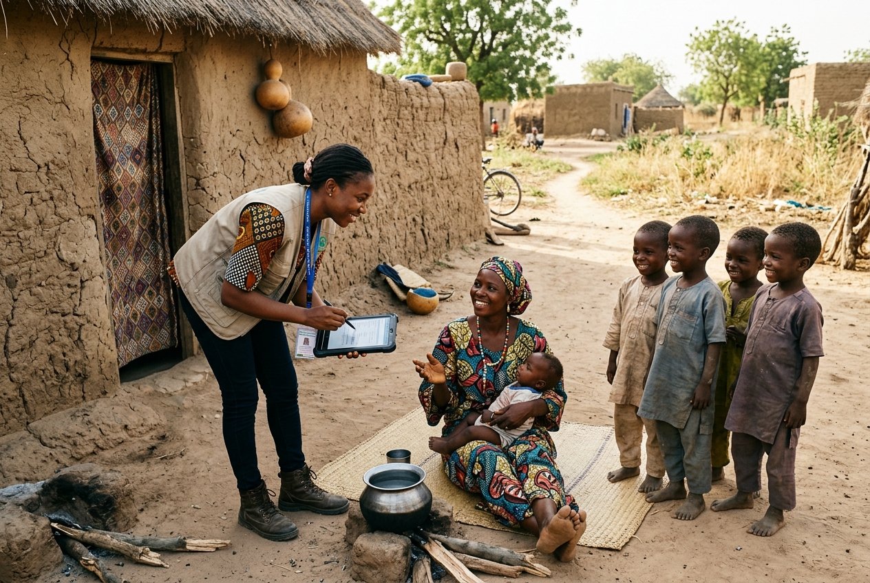 Zen Jem field enumerator interviewing a mother and family in a Kano community, Northern Nigeria